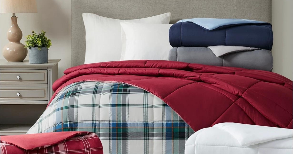 Essentials by Martha Stewart Collection Reversible Plaid Full Queen Comforter Grey 